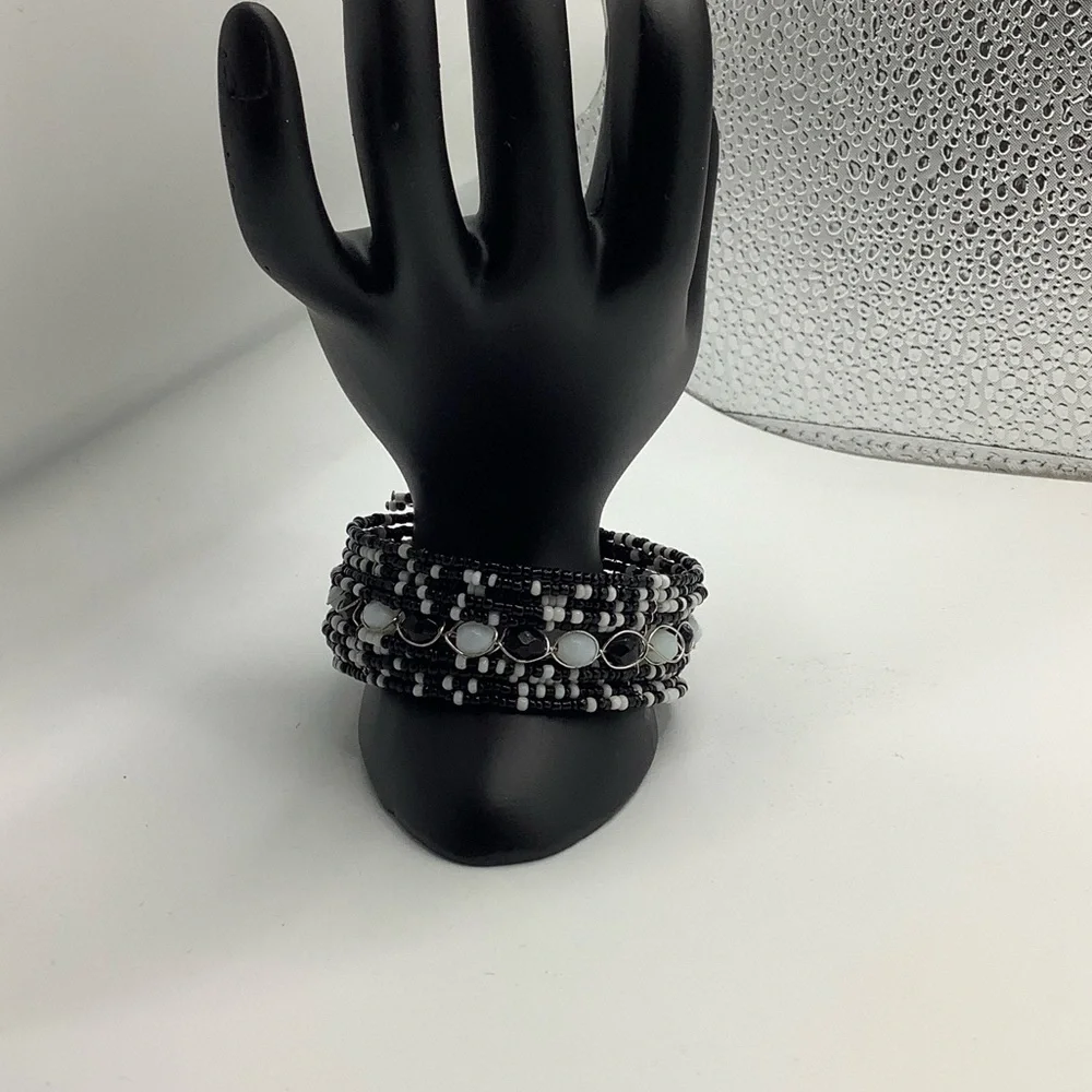 Lot of 5 Black and White Beaded Multi-Strand Bracelets